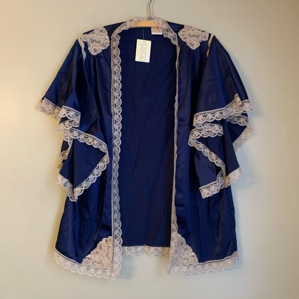 Vtg Delicates Womens Lingerie Robe Blue Satin Poly Lace large Mini Trad NWT